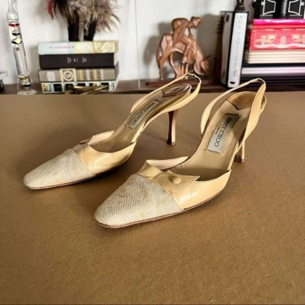 Jimmy Choo Leather Linen Mule Slingback Heels